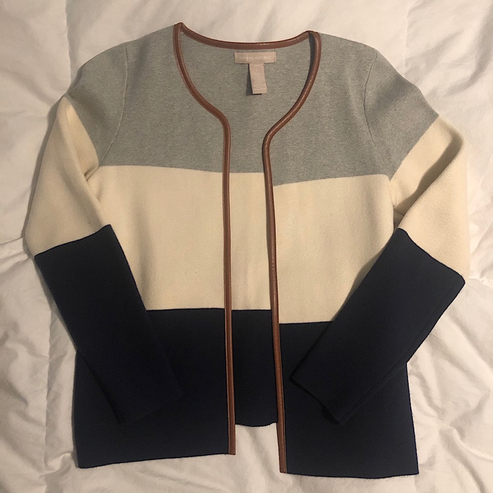 Leather-trimmed, colorblock cardigan